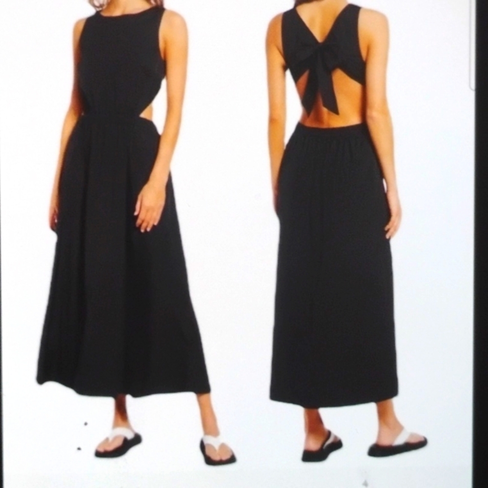 Chic Black Sleeveless Cut Out Suni Dress with Bow Back